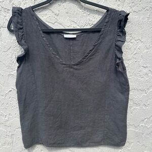 Made in Italy 100% Linen Tank Top Women Medium Ruffle V-Neck Grey Minimalist